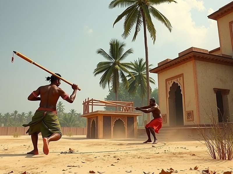 Combat scene in Bharat Game Blend showing Silambam staff fighting style from Tamil Nadu
